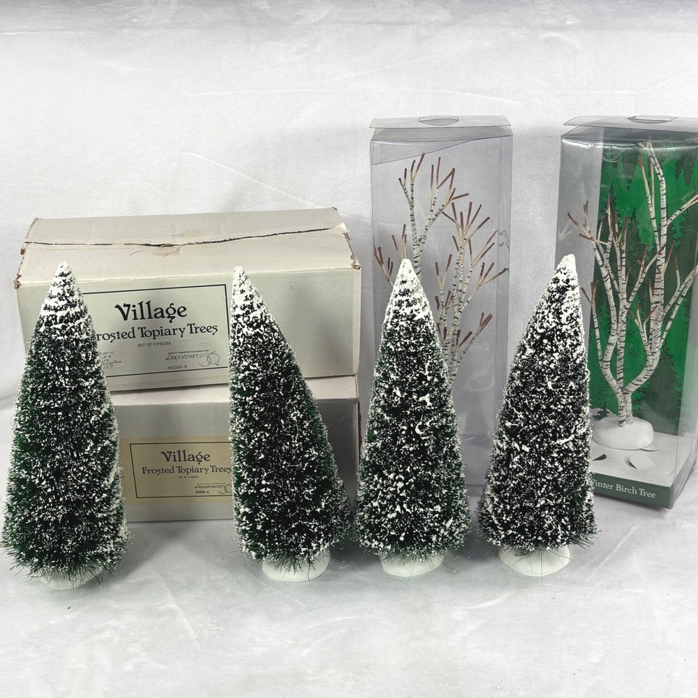 Department 56 12" Village Frosted Topiary Trees & 13"Winter Birch Trees Set of 6